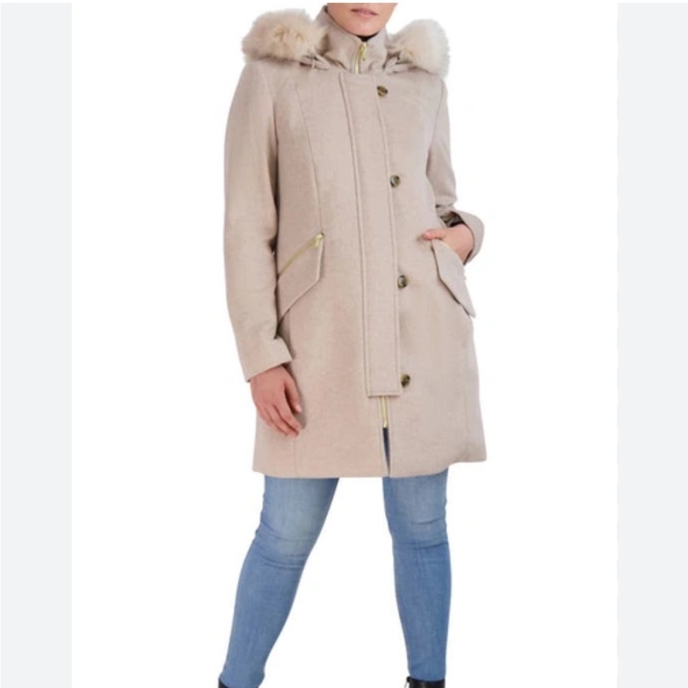 Cole Haan Faux Fur Trimmed Hooded Coat sz 10 NWT